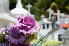 Funeral with purple flowers