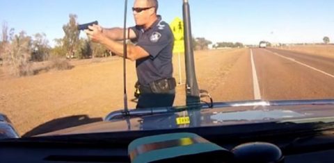 Bully cop pointing gun