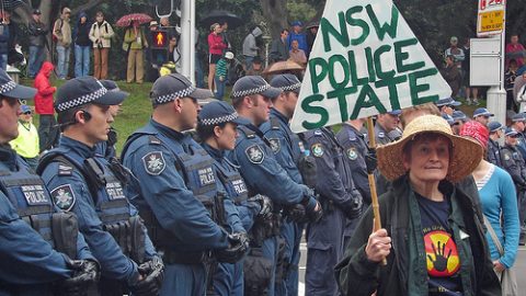 Protester near police