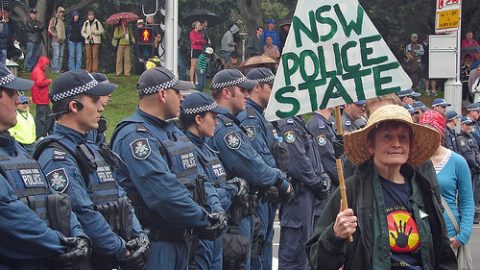 Protester near police