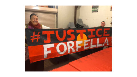 Caroline Andersen (right) with a banner for the 5 July Blue Mountains Black Lives Matter protest. Photo credit: Rachel Evans