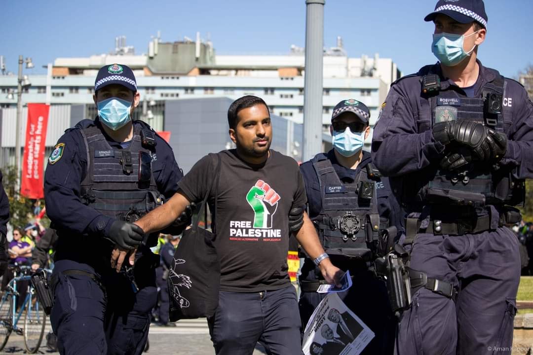 Vinil Kumar being arrested at Sydney University on 28 August 2020. Photo credit Aman Kapur