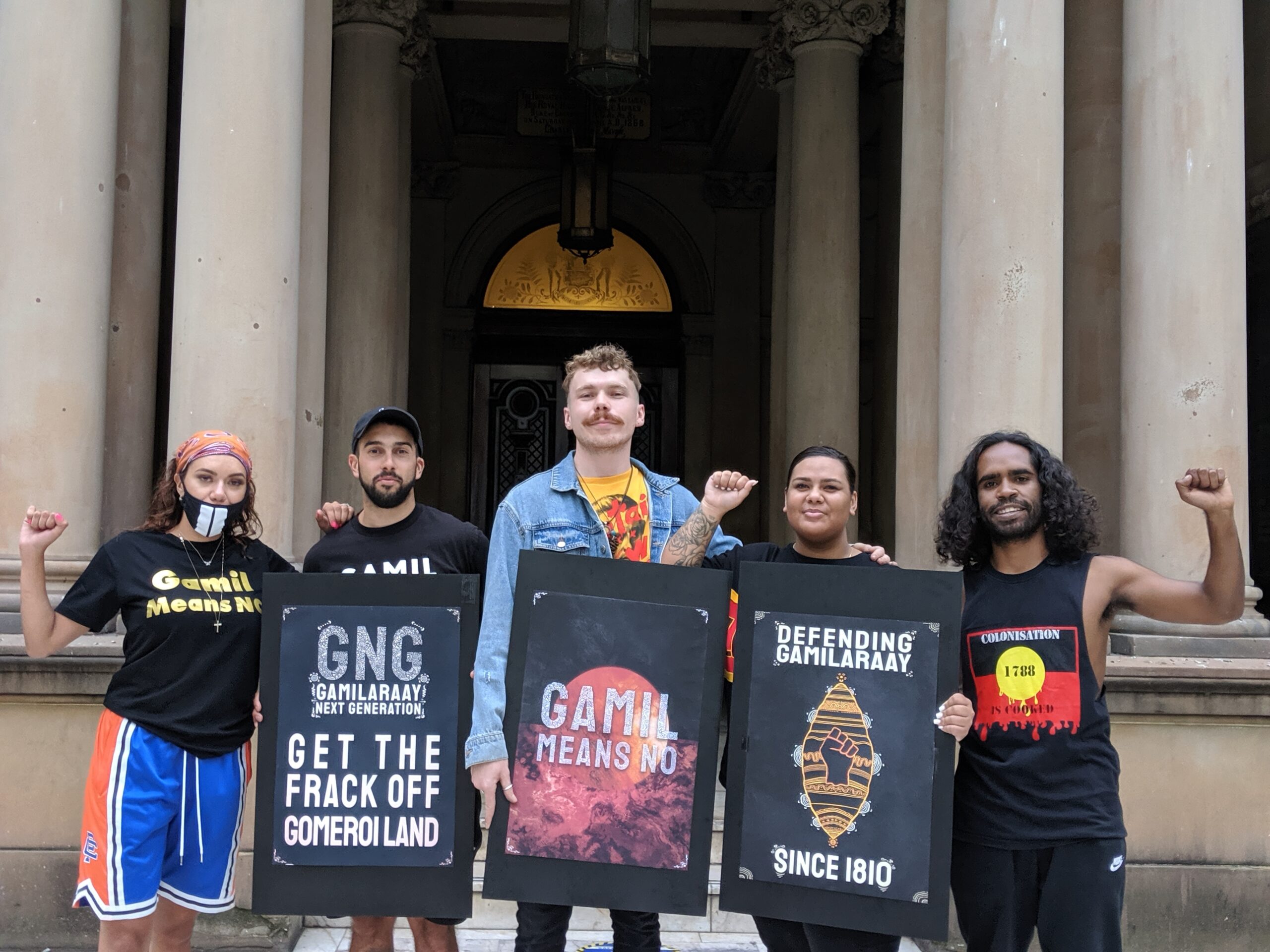 Gamilaraay Next Generation at the Sydney Gamil Means No rally. Photo credit: NITV presenter Rachael Hocking