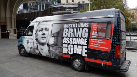 Bring Assange home written on van