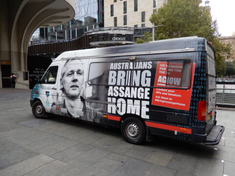 Bring Assange home written on van