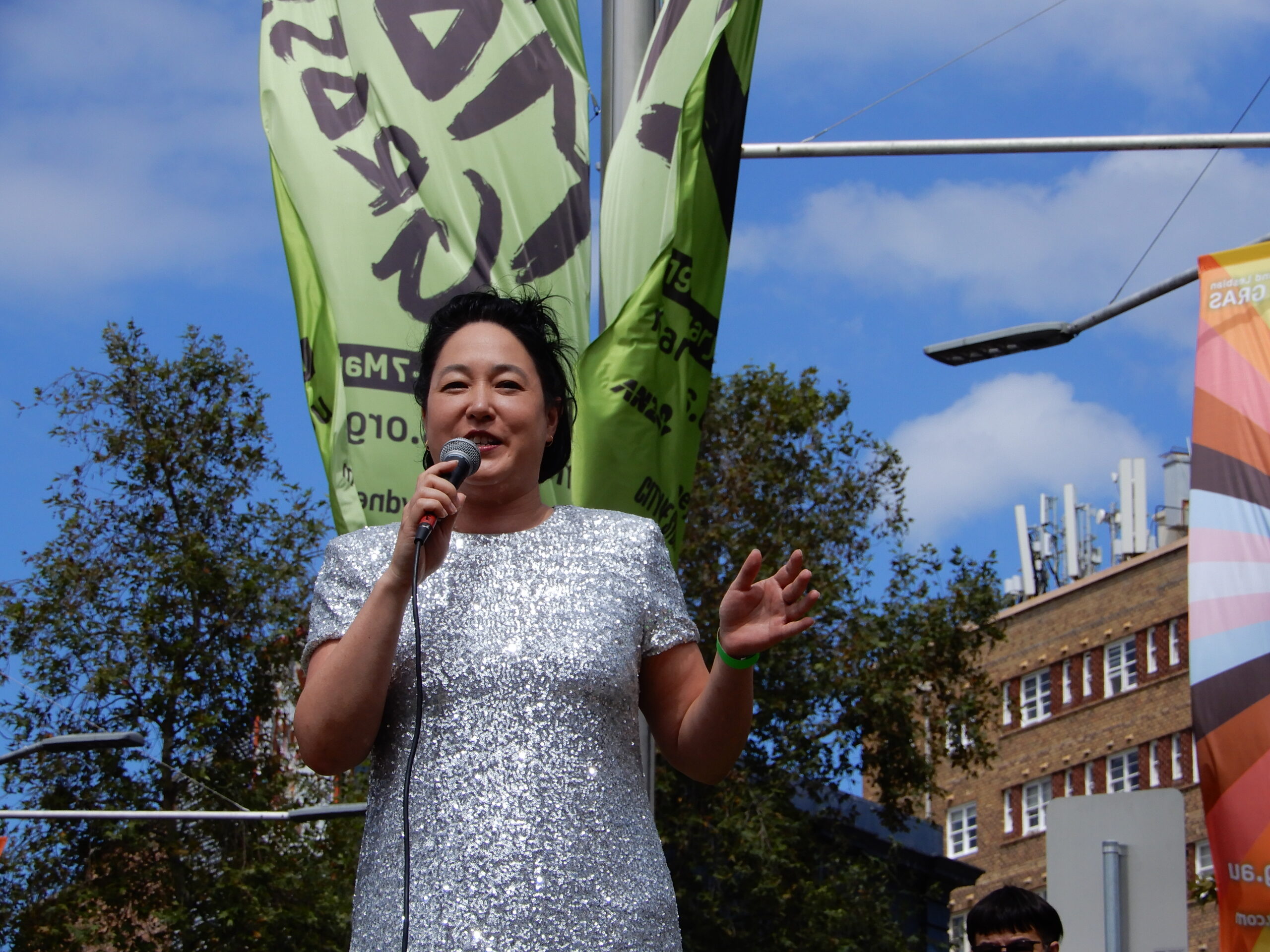 NSW Greens MP Jenny Leong addresses the crowd in Taylor Square