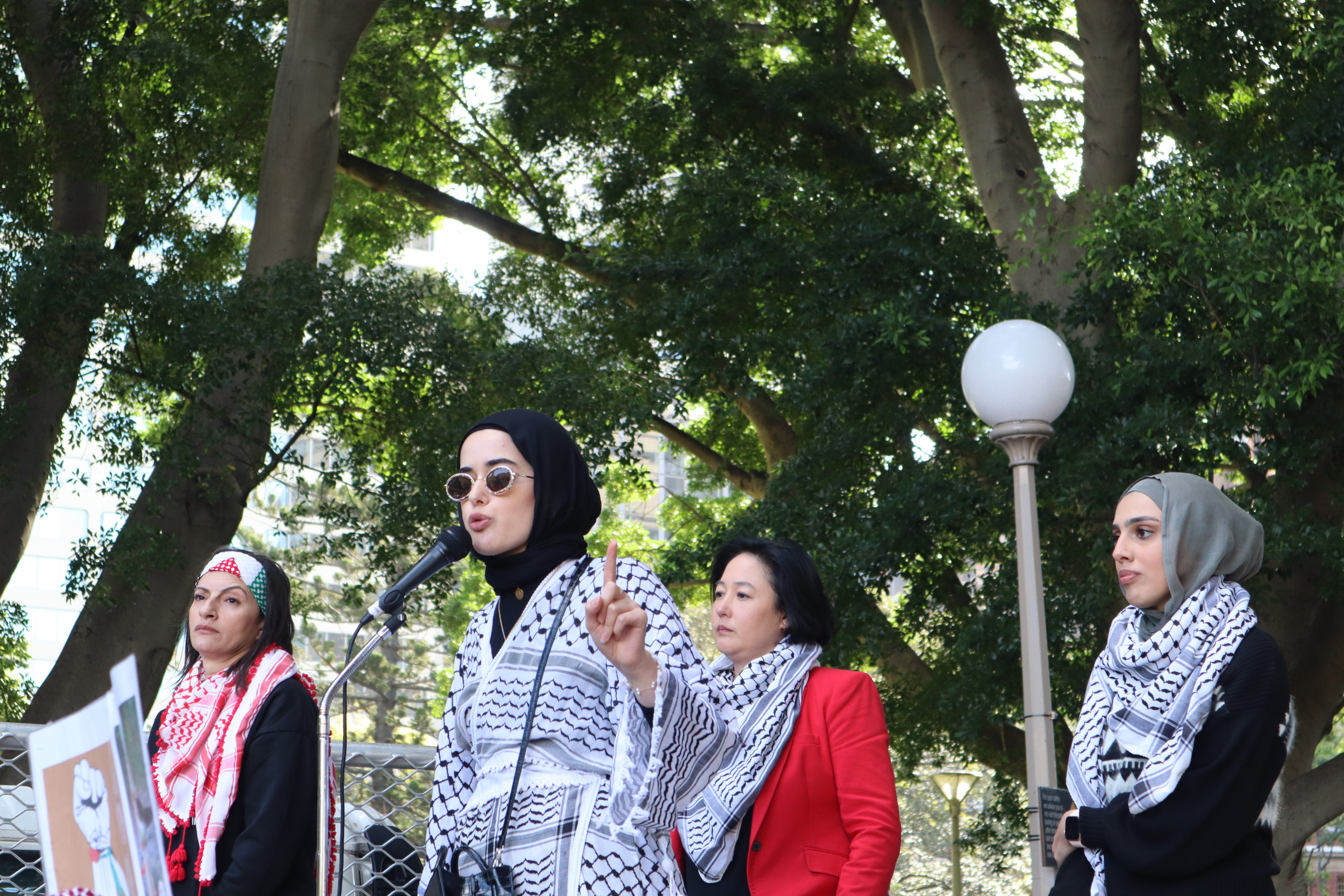 Palestine Action Group Sydney spokesperson Assala Sayara addresses the Hyde Park rally