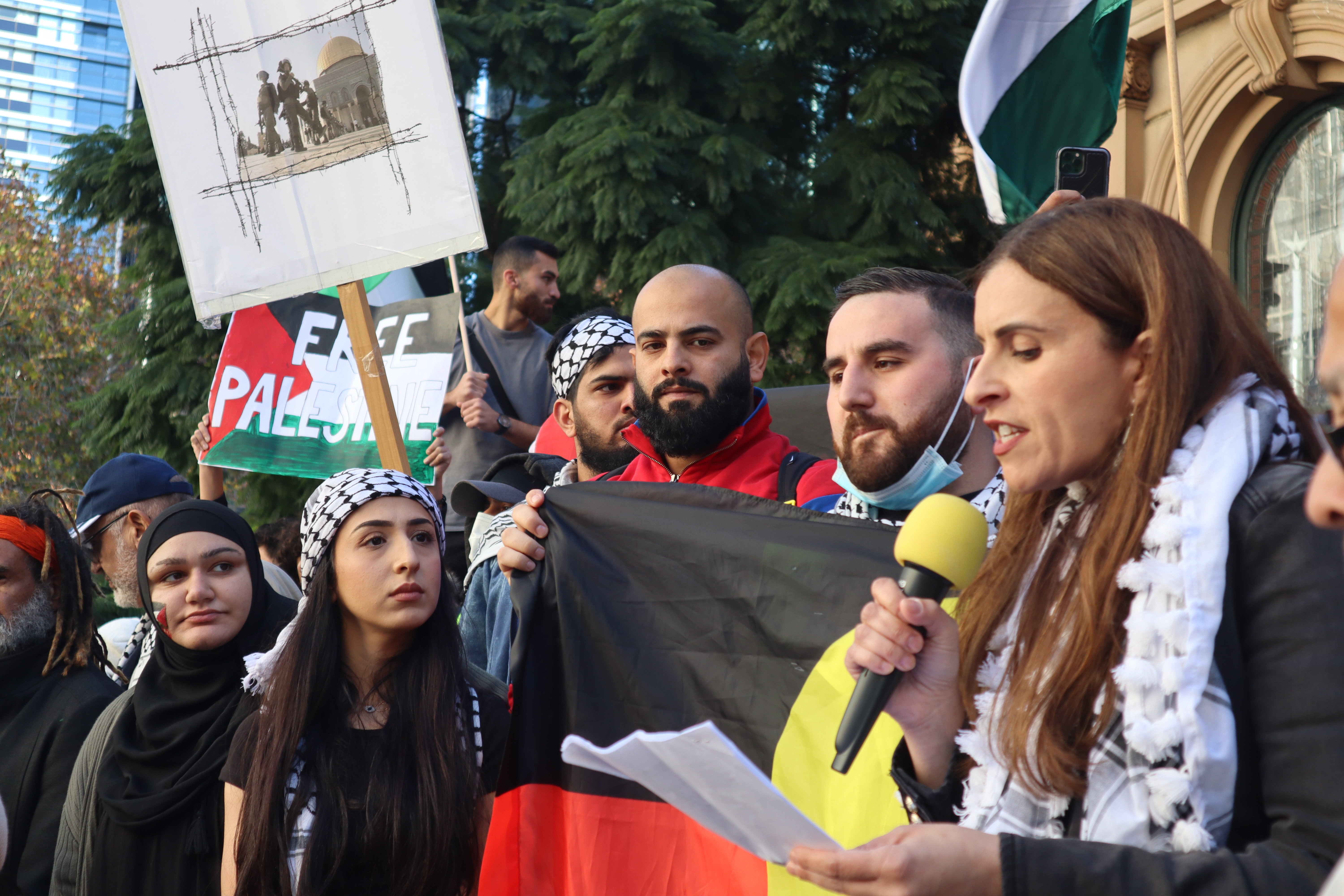 Randa Abdel-Fattah addresses the Palestine solidarity rally in Sydney