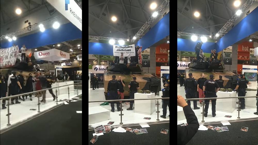 The action inside the Brisbane arms fair carried out by Disrupt Land Forces