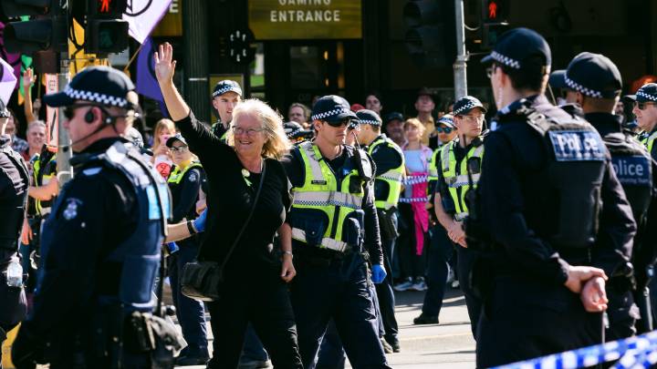 Extinction Rebellion activist Jane Morton arrested and led away by police