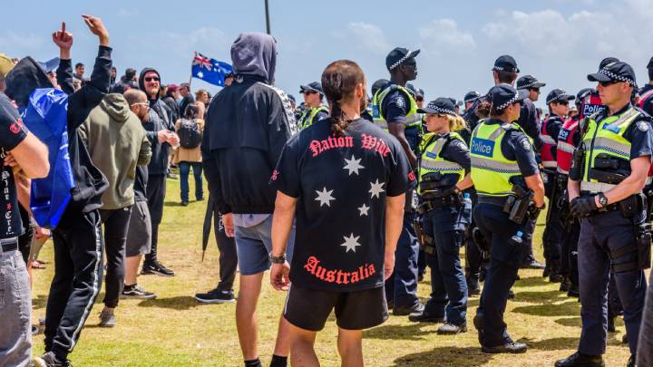 Australian far-right protesters at the Cronulla 2.0 rally at St Kilda Beach in January 2019