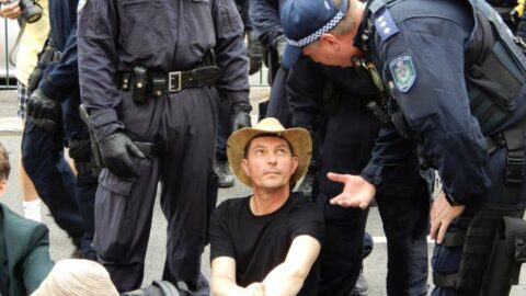 NSW police arresting Scott Ludlam at the Extinction Rebellion July 2019 protest in Sydney