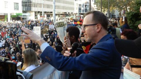 Shoebridge speaking at the June 2020 Black Lives Matter protest in Sydney