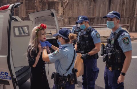 Extinction Rebellion spokesperson Larissa Payne is arrested after an action in Sydney last year