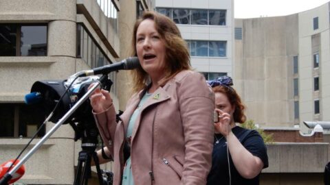 NSW Greens MLC Abigail Boyd addressing a February 2020 climate rally