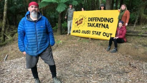 Bob Brown Foundation Tarkine campaigner Scott Jordan in front, with other volunteers re-establishing the blockade in January