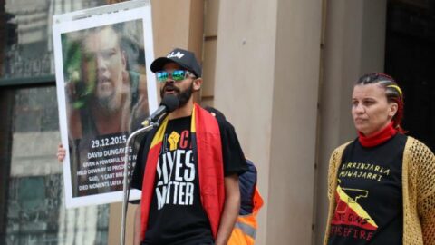 Dunghutti man Paul Silva and Gumbaynggirr Dunghutti Bundjalung woman Elizabeth Jarrett at the Sydney Karrinjarla Muwajarri-Ceasefire rally