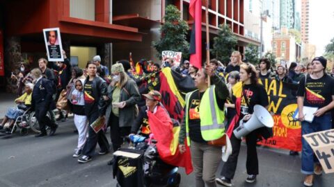 Karrinjarla Muwajarri-Ceasefire protesters march through the Sydney CBD
