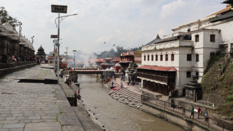 Across the river from where the bodies are bathed at Pashupatinath