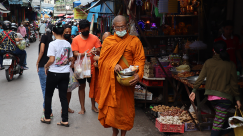 Begging for alms monks consume what’s offered, whilst laypeople benefit from the act of giving