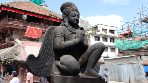 Garuda is a half-human/half-bird demigod. He’s the vehicle Vishnu rides upon. All major Hindu deities have a vehicle