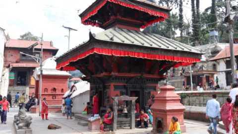 A Kali temple at Pashupatinath, the cremation grounds. Kali is the wrathful form of the goddess Parvati. Animal sacrifices are still performed here to appease her
