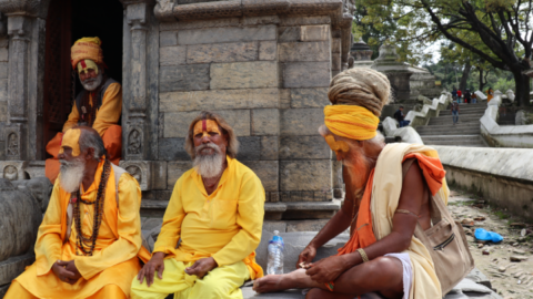 Sadhus are religious ascetics who give up worldly life to walk the earth. The markings on these sadhus’ foreheads indicate they’re Vaishnavites: devotees of Vishnu, lord of preservation.