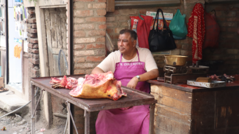 Pork for sale in the midday heat 