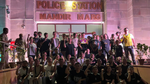 TYC protesters on being released from the police station later that evening after the protest