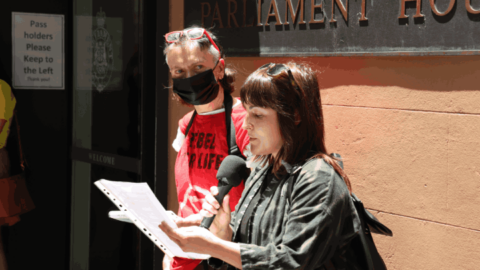 Climate defenders Rachel Evans and Shannan Langford Salisbury address the rally at state parliament