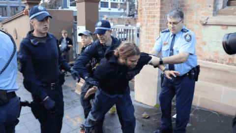 Nonviolent protester pulled up by officers on the footpath