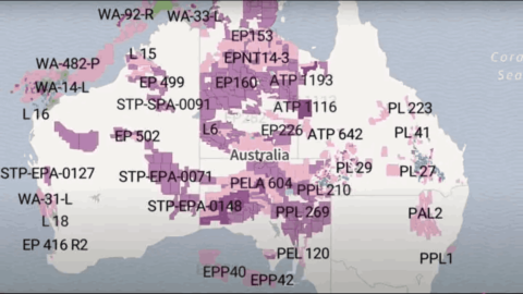 Pilliga Project screenshot detailing the proposed sites of coal gas seam wells right across the continent