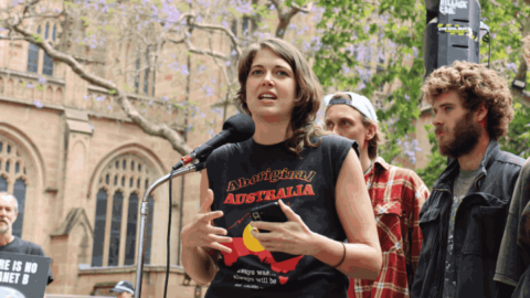 Violet Coco speaking at a recent Sydney rally calling for an end to the anti-protest regime