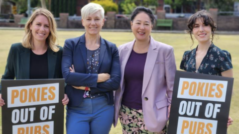 Greens members at the gambling reform package launch Kobi Shetty candidate for Balmain, MLC Cate Faehrmann, MP Jenny Leong, and candidate Izabella Antoniou for Summer Hill