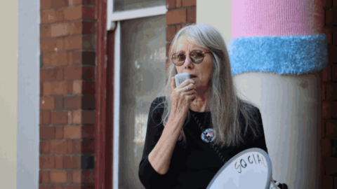 78er Diane Fields told the crowd the Christian fascists are feeling threatened by the strength of Mardi Gras and the fact that the queer community is accepted by the majority