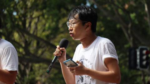 Back at the rainbow rally, National Union of Students queer officer Damien Nguyen made clear that the homophobia and transphobia being expressed across the road was born out of fear 