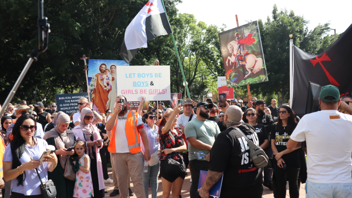 Meanwhile, over in Hyde Park, Christian images emblazoned banners