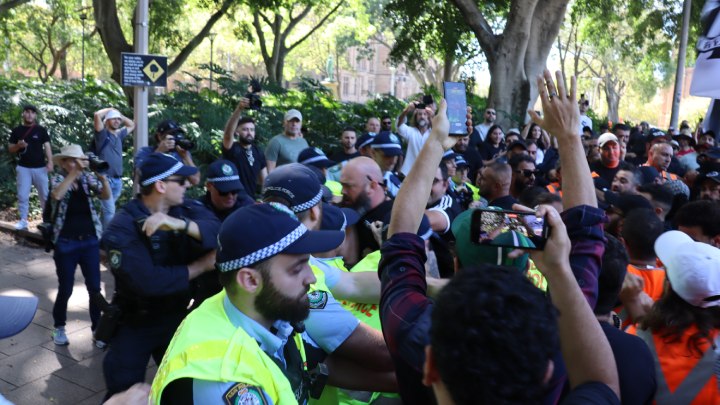 And a skirmish broke out between Christian Lives Matter rallygoers and the formidable NSW police presence that was blocking the path linking the two demonstrations