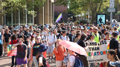 A rainbow crowd rallying to uphold diversity