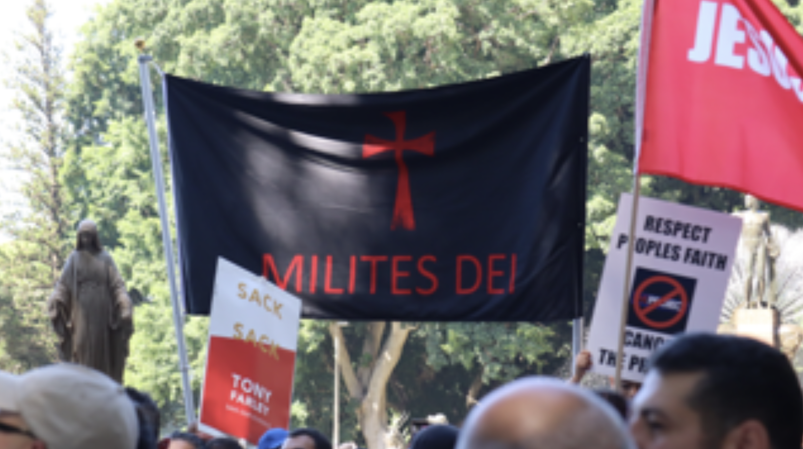 The 18th March Hyde Park rally. Milites Dei is Latin for “Soldiers of God”
