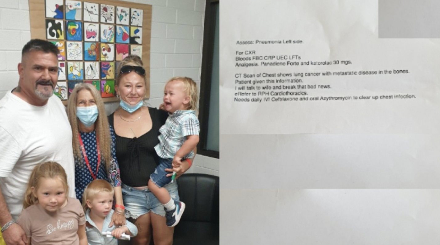 Robert Taylor with his family, as well as a copy of his diagnosis.