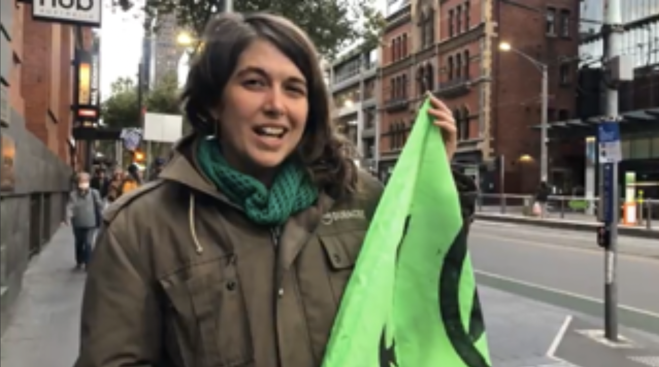 Violet CoCo promoting the XR Occupy for Climate action to be held later this month in Melbourne 