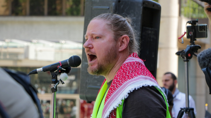 Palestine Action Group spokesperson Josh Lees speaking at last Saturday's rally for Palestinian justice