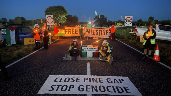 Activists successfully blockade the access road to Pine Gap to protest the facility’s involvement in the Israeli war crimes being unleashed upon Gaza