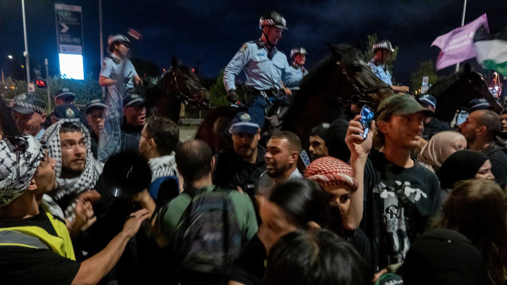 NSW police officers run horses into the peaceful crowd gathered at Port Botany to oppose the Gaza genocide. Photo credit social justice photographer Zebedee Parkes