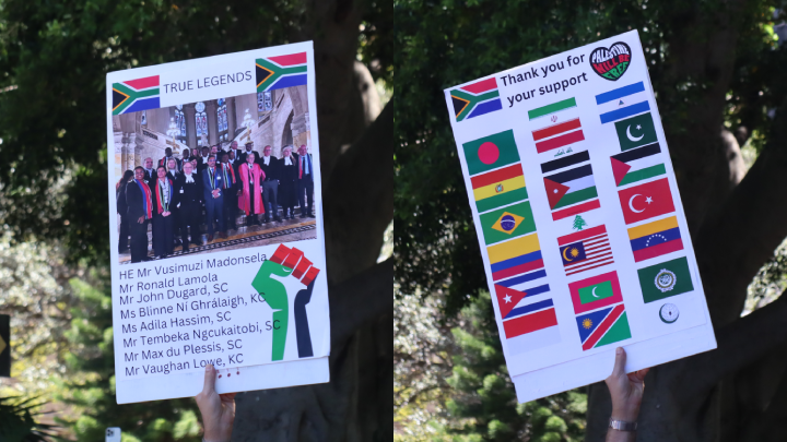 The list of lawyers that argued the South African genocide case and the flags of the nations now supporting it