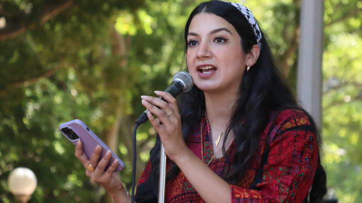 Palestinian activist Jana Fayyad wore a one-hundred-and fifty-year-old Palestinian thobe, a hand embroidered dress, twice the age of the state of Israel