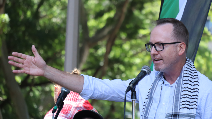 Greens Senator David Shoebridge addresses the 25 February Gadigal-Sydney Gaza ceasefire rally the 20th rally straight