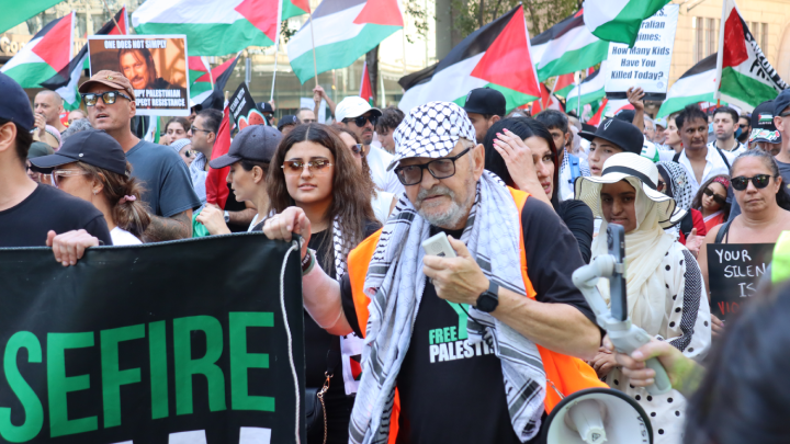 Social justice activist Raul Bassi sporting a keffiyeh cap