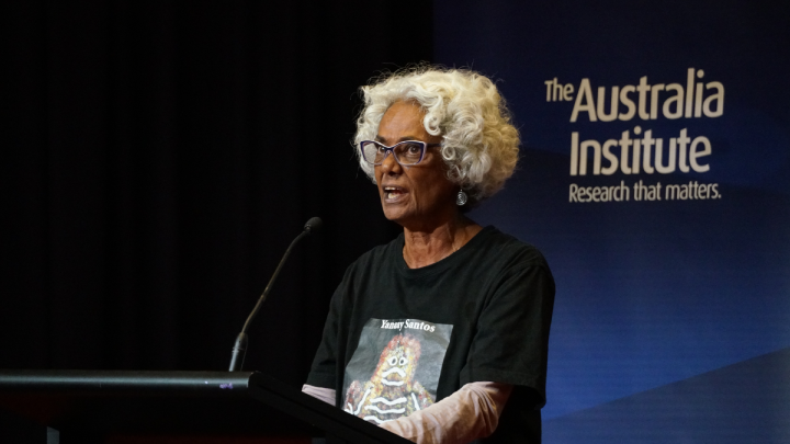 Aunty Polly Cutmore addresses the Australia Institute at the 20 March Climate Integrity Summit. Photo supplied by the Australia Institute
